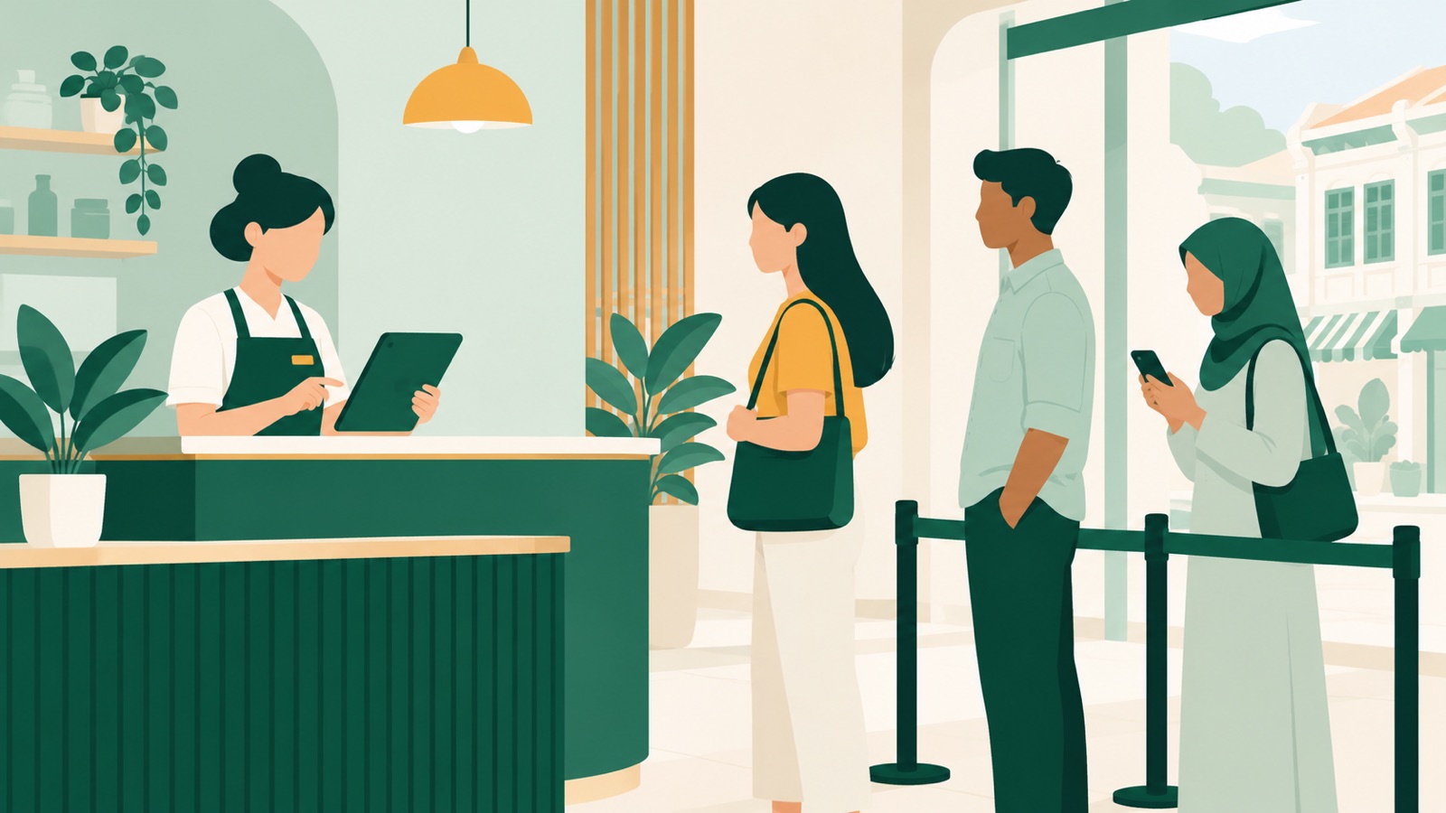 A small-business team managing a short digital queue at a neighbourhood service counter