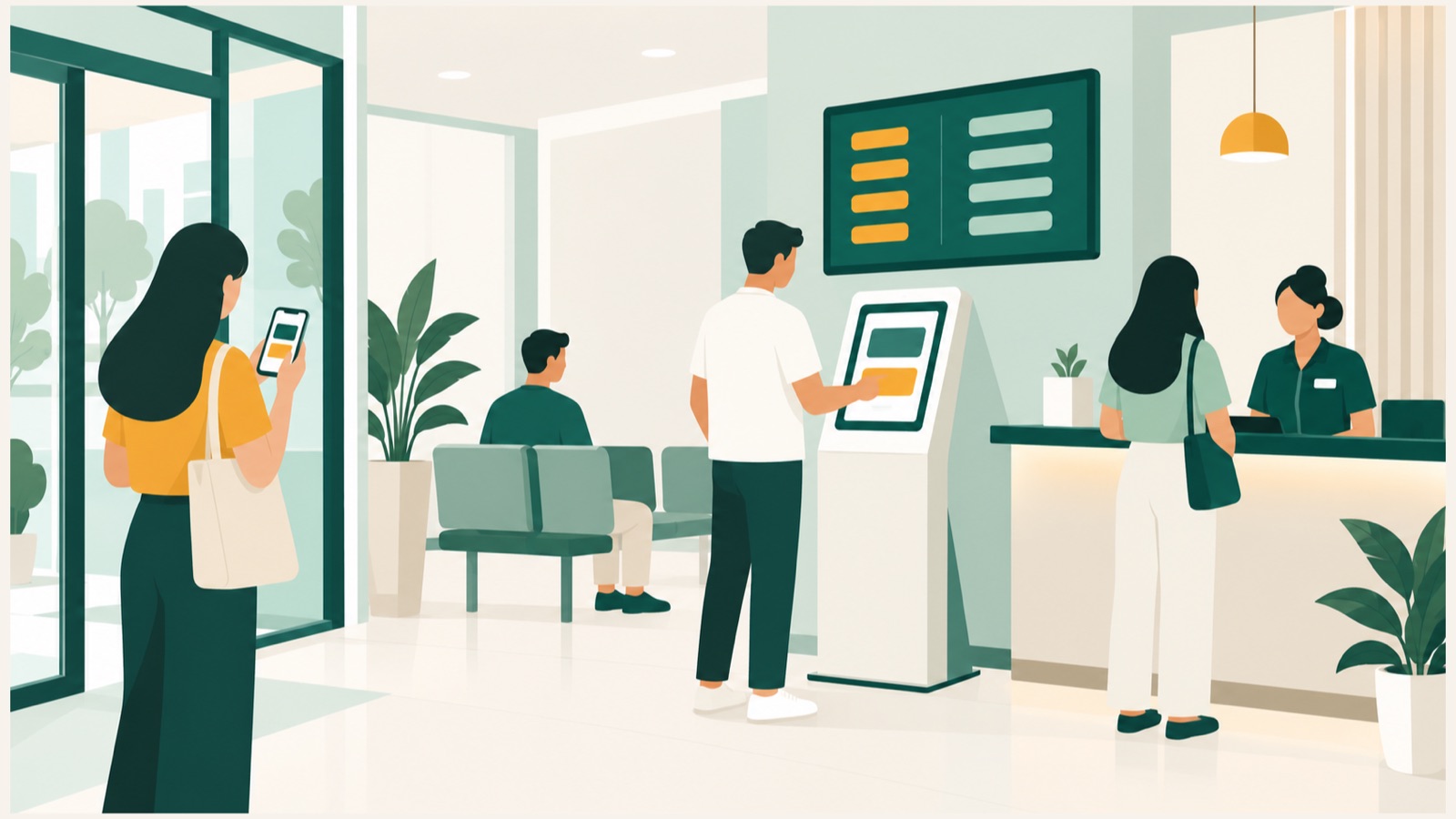 Customers joining a queue by phone and kiosk in one service centre