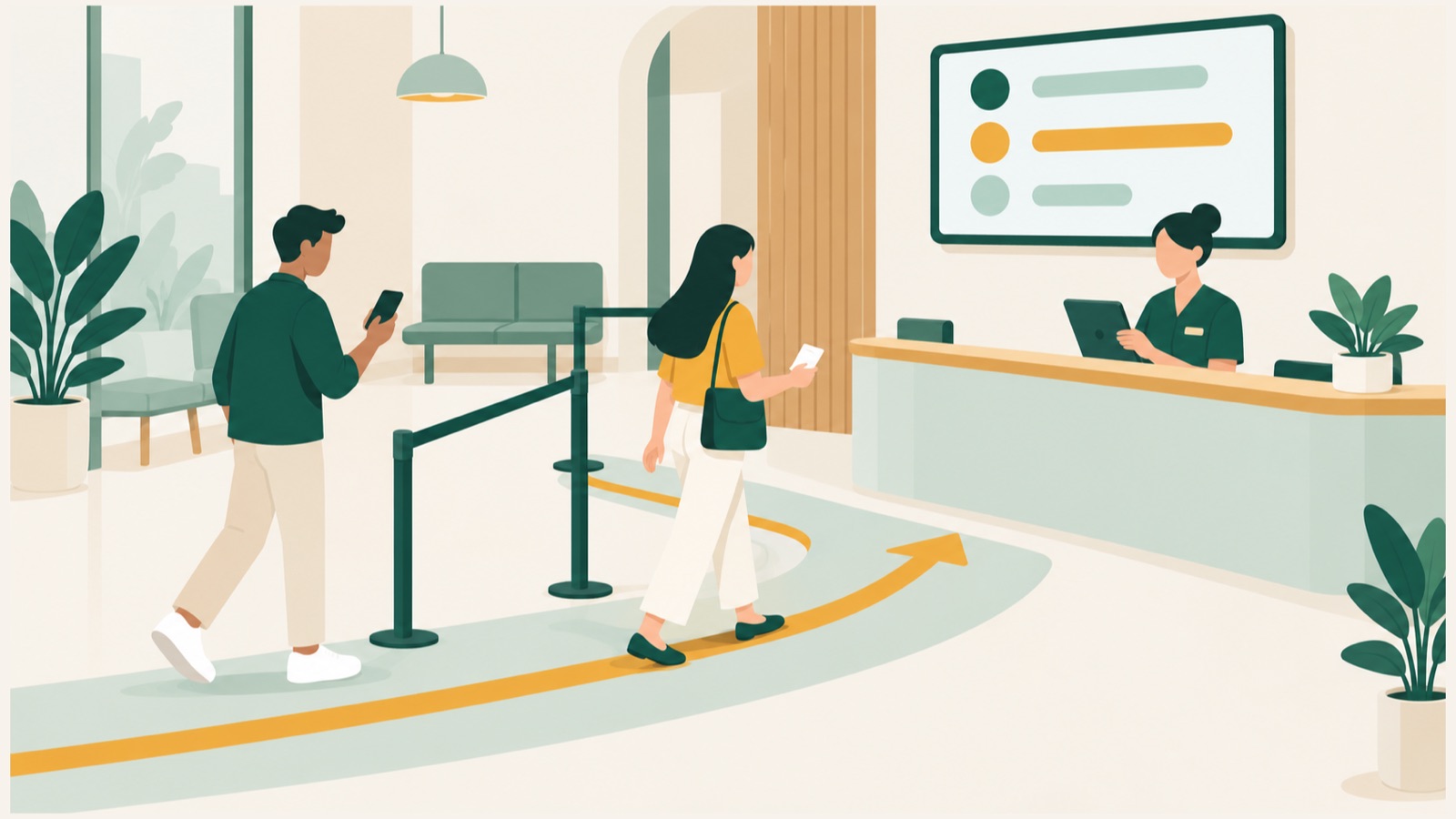 Walk-in and booked customers following one clear path to a service counter