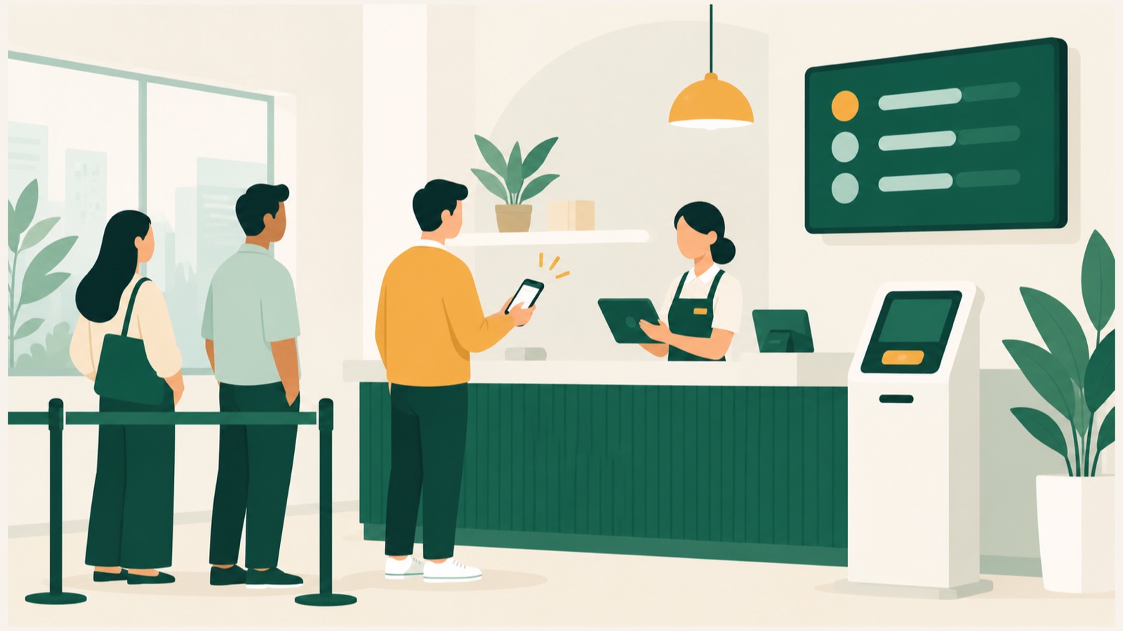 Customers joining a calm service queue by phone and kiosk while staff manage the line at a counter