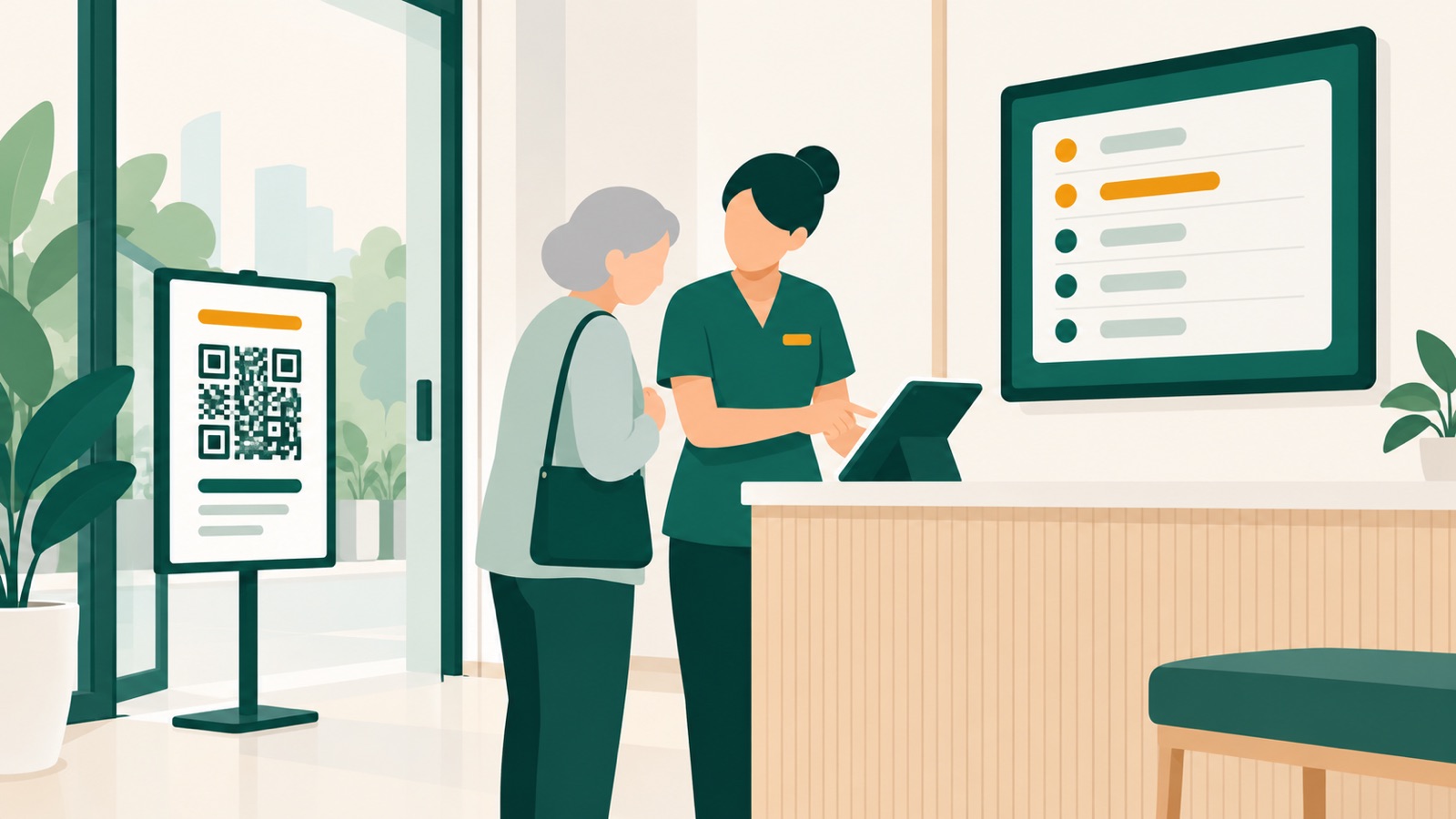 A staff member helping an older customer join beside a QR sign and queue display