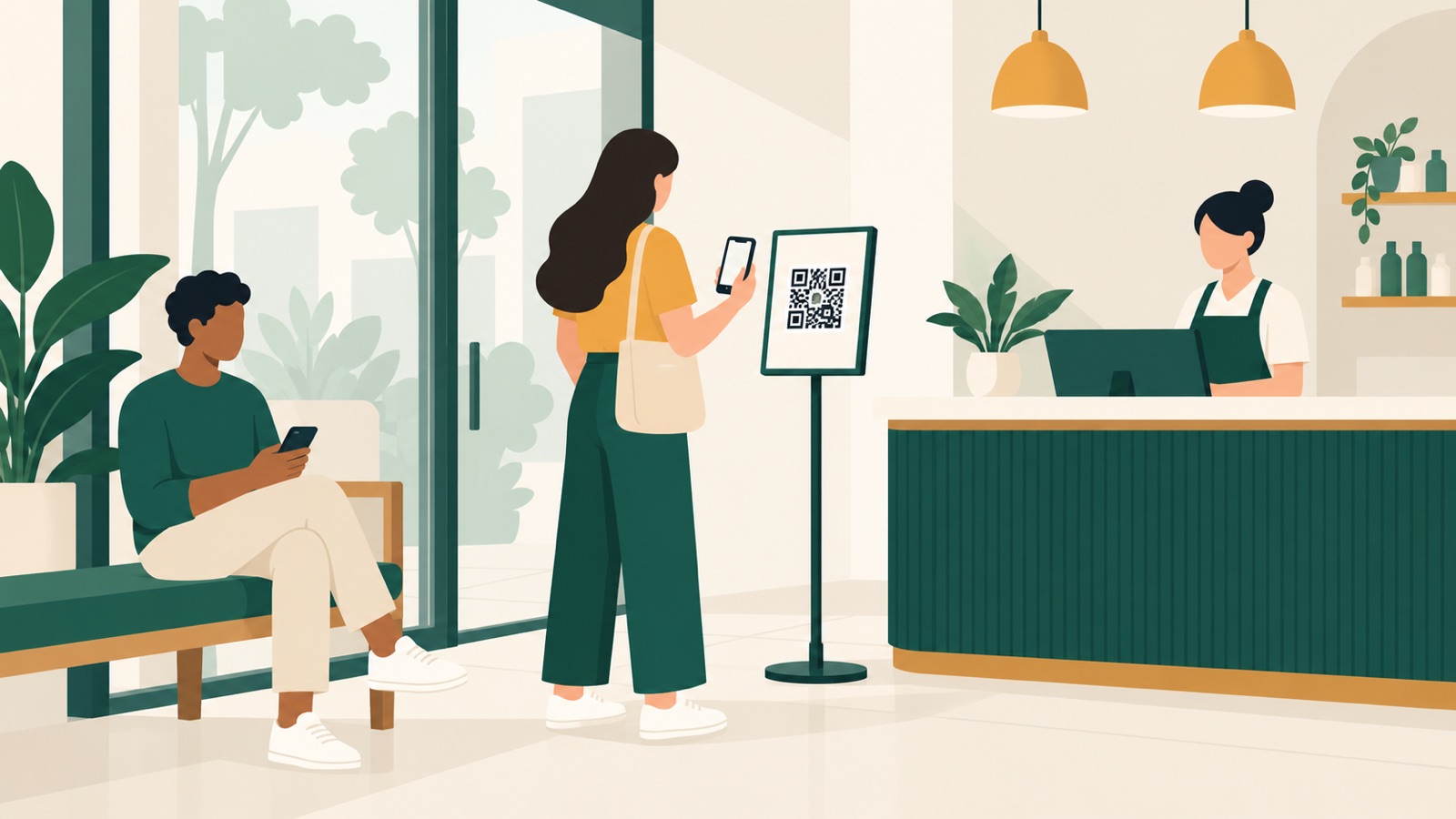 A customer scanning a QR code to join a service queue while another waits nearby with a phone