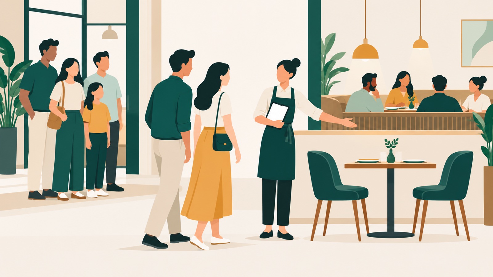 A restaurant host guiding a pair to a small table while a larger party waits nearby
