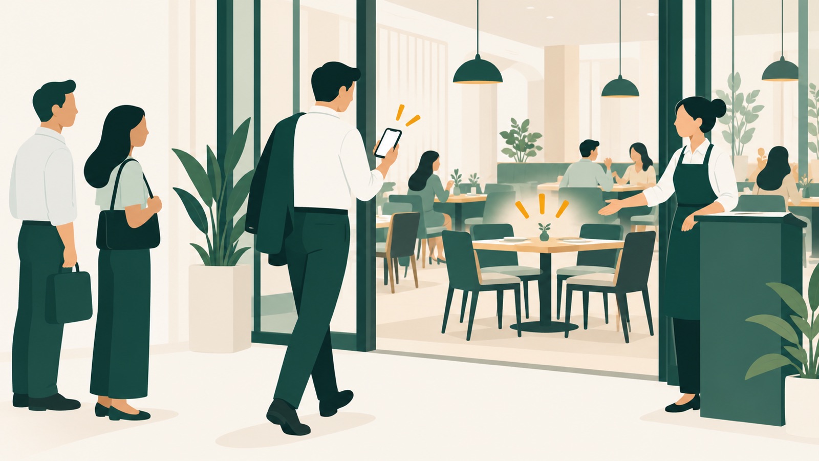 A diner returns after a ready notification while a restaurant host holds a freshly cleared table
