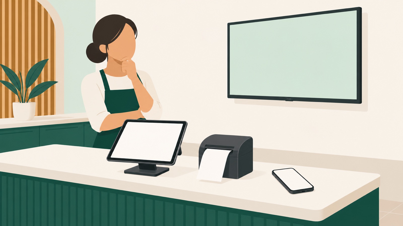 A business owner reviewing a tablet kiosk, ticket printer, phone and television as separate queue-system costs
