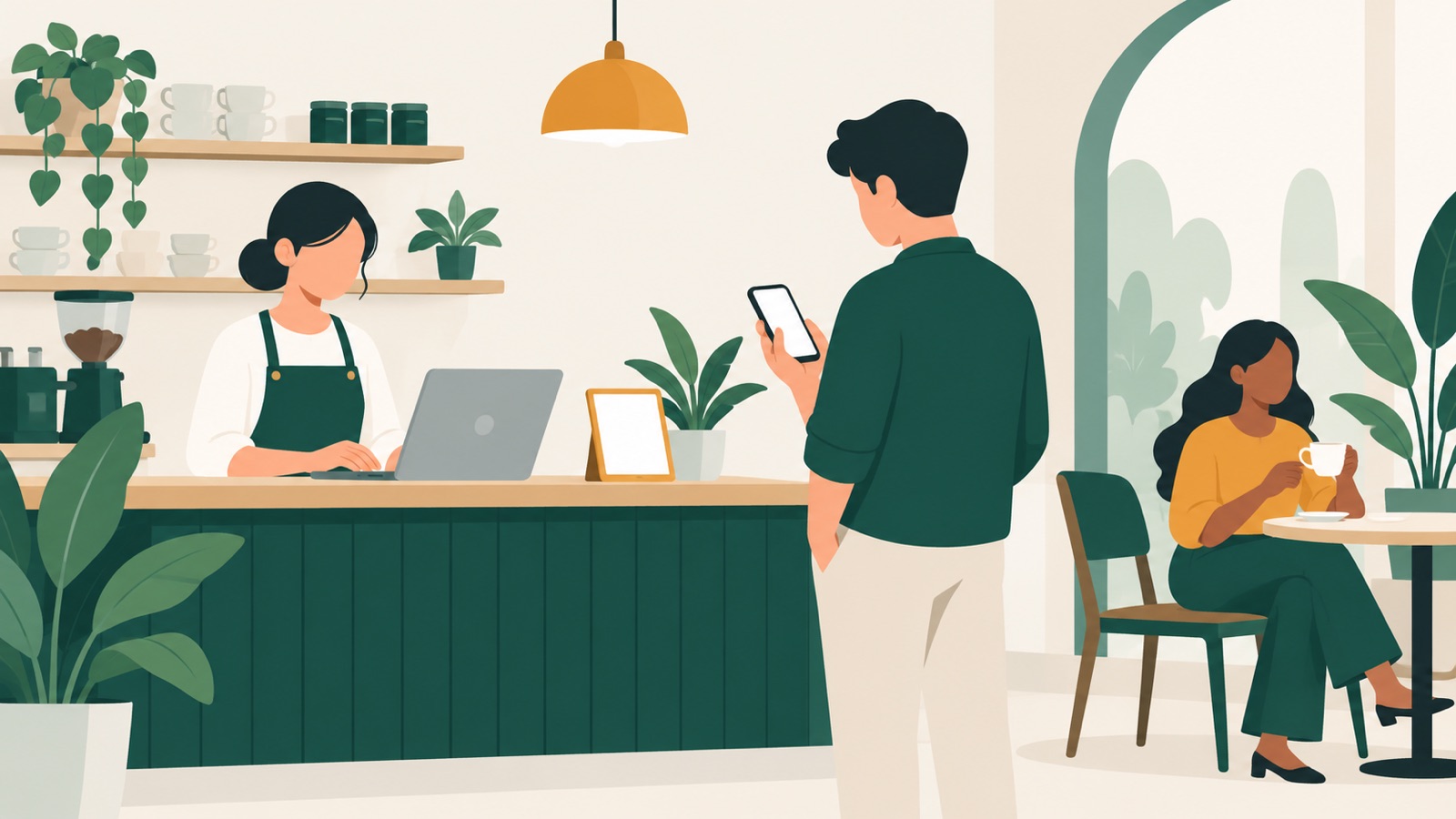 A neighbourhood café running a lean queue with an existing laptop and customer phones