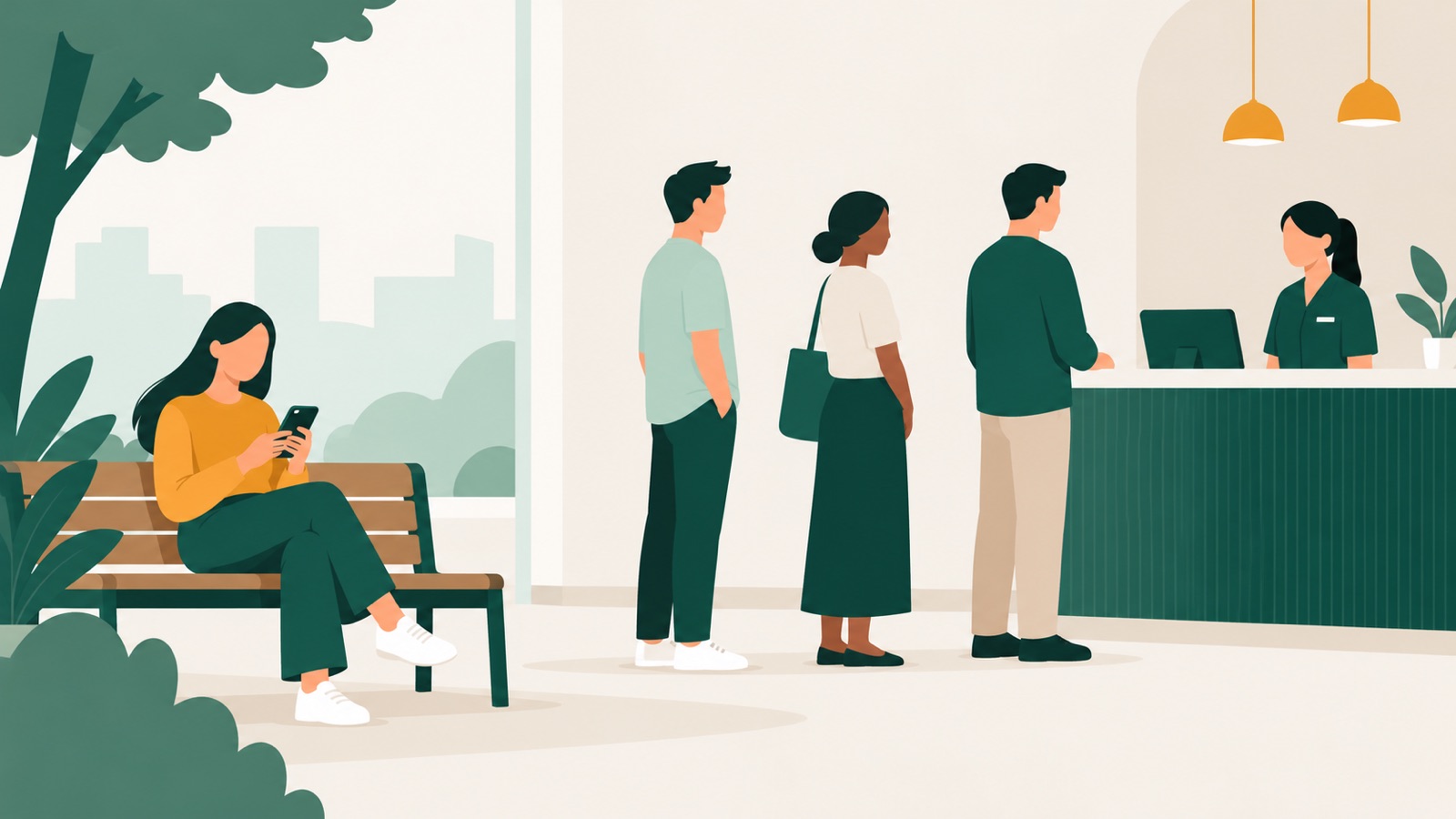 Three customers queue at a service counter while another waits outside with her phone
