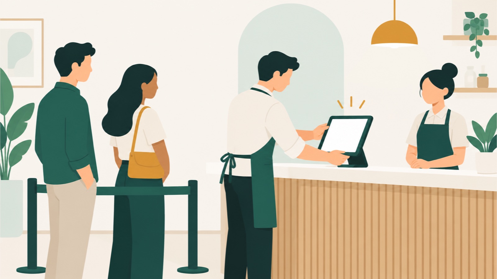 A small-business team sets up a tablet kiosk beside an orderly queue