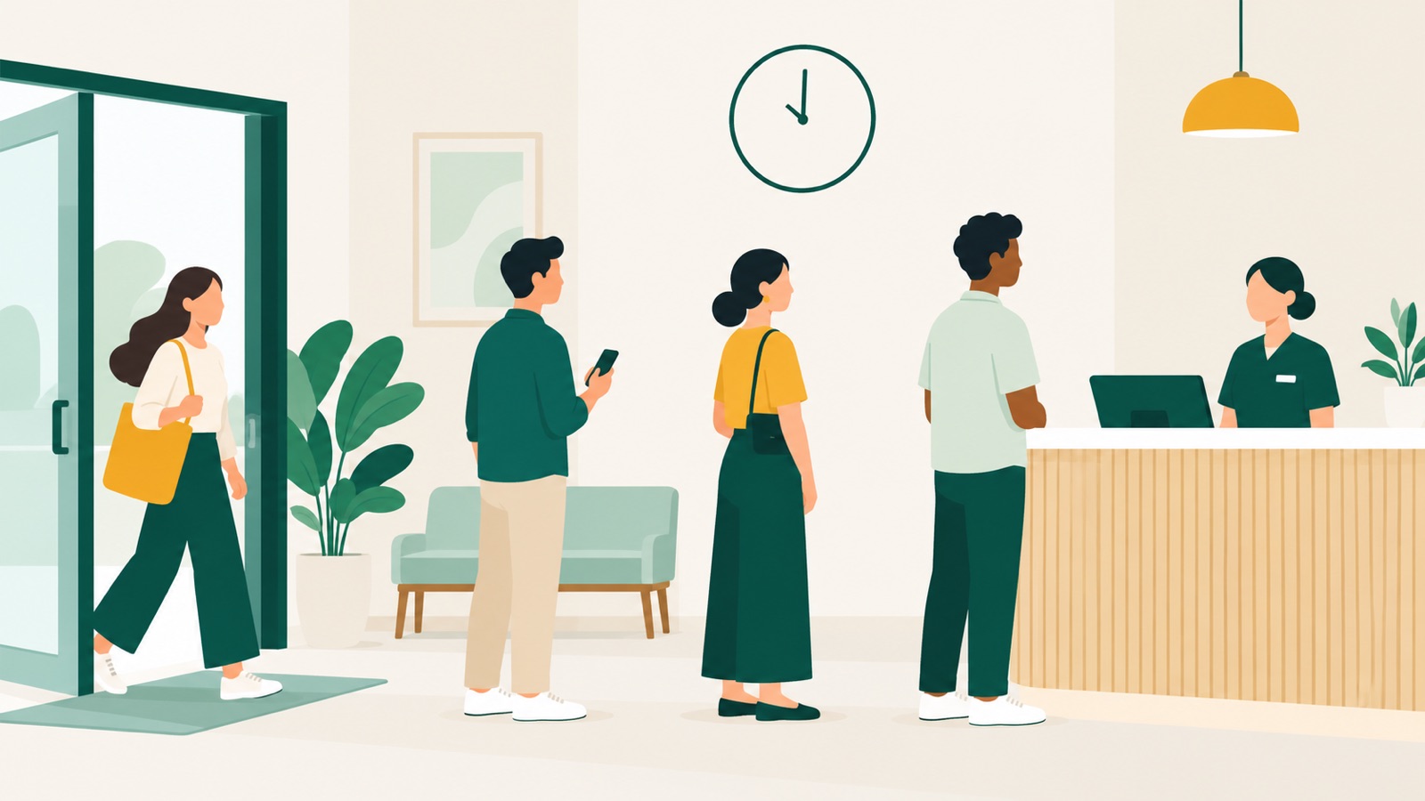 Booked and walk-in customers joining one orderly service queue