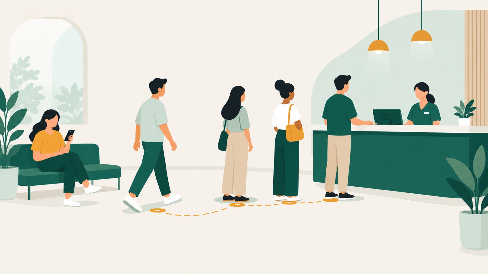 Customers moving through a short, calm service queue while another waits nearby with a phone