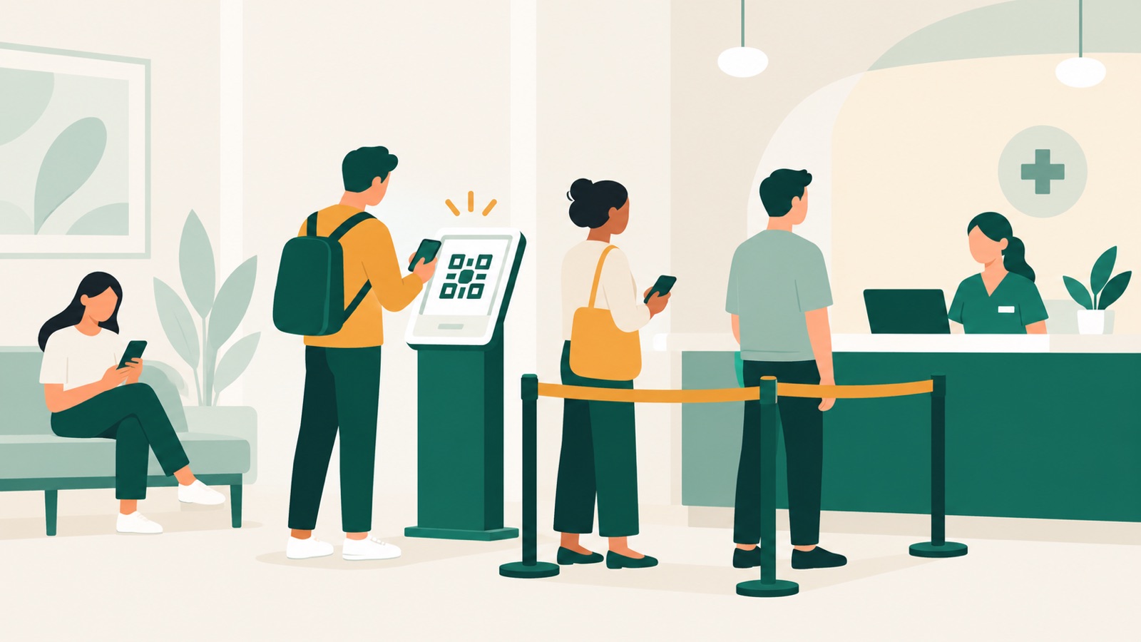 Walk-in and booked customers using one orderly clinic queue while another customer waits with a phone