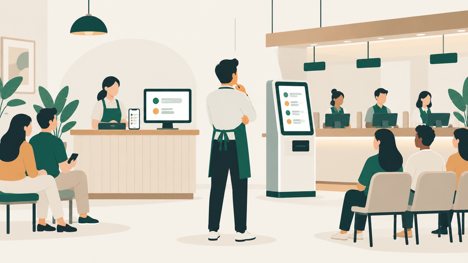 A small-business owner comparing a compact queue system with a larger multi-counter setup