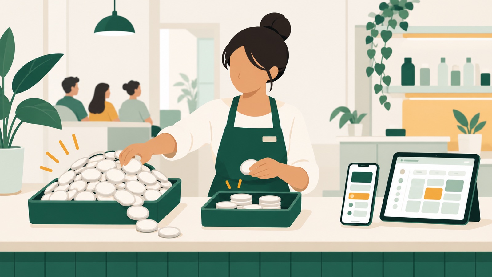 A business owner comparing an abundant tray of queue tokens with a smaller measured allowance