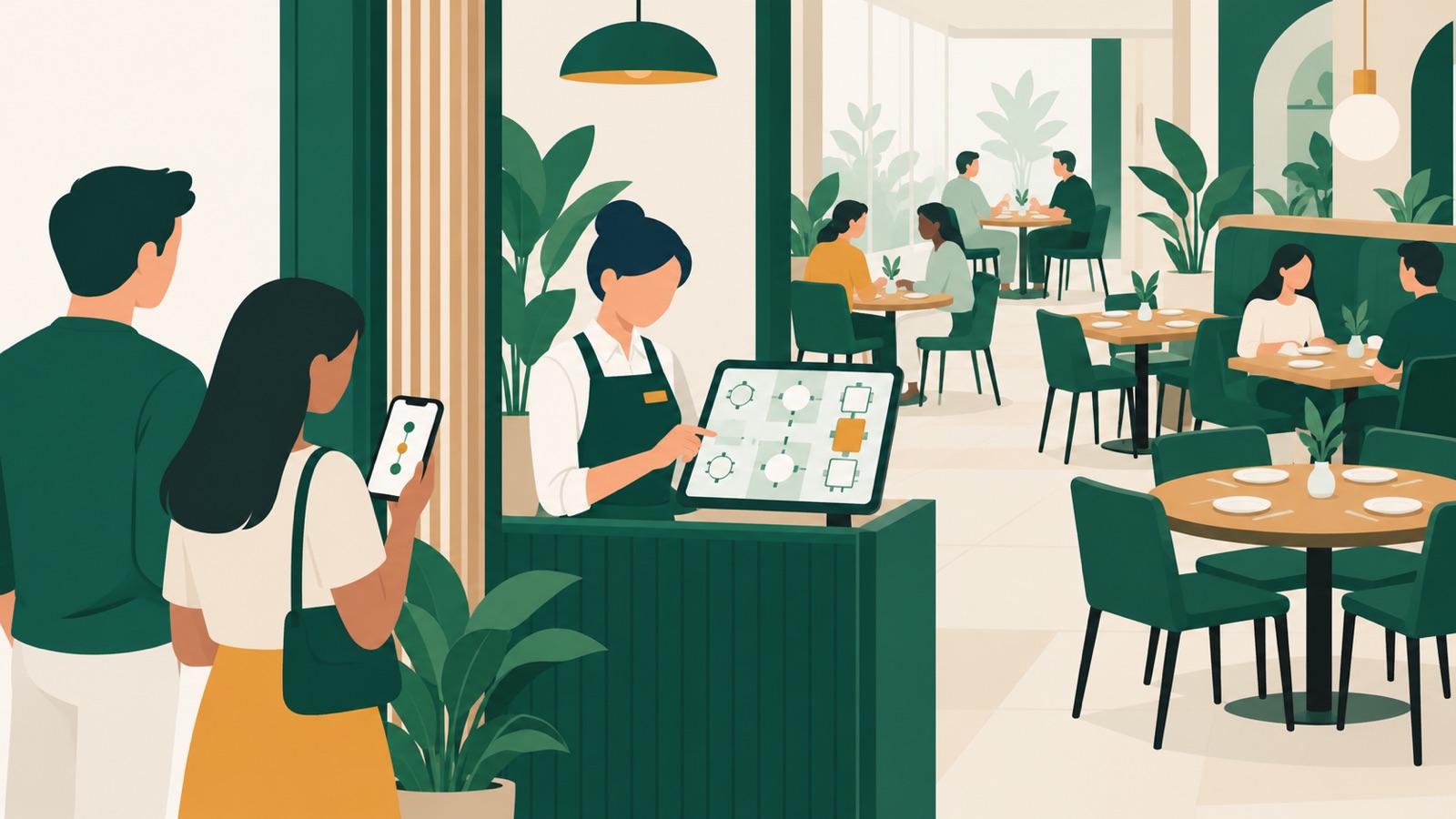 A restaurant host using a tablet floor plan while a waiting party follows the queue on a phone