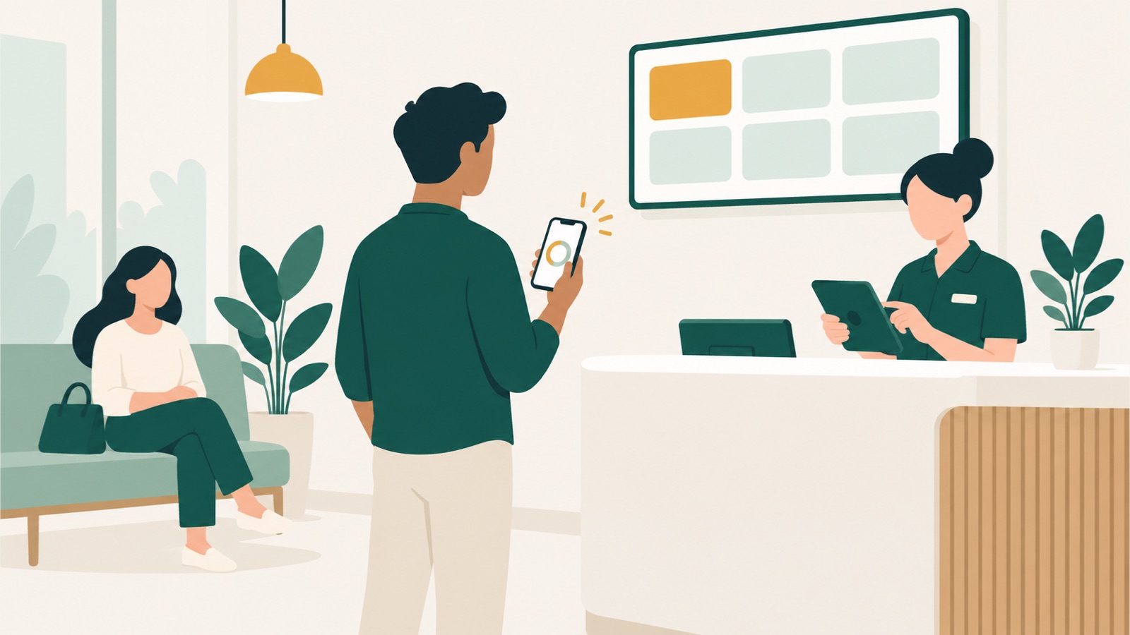 A customer holding a phone beside a service counter while staff manage a digital queue