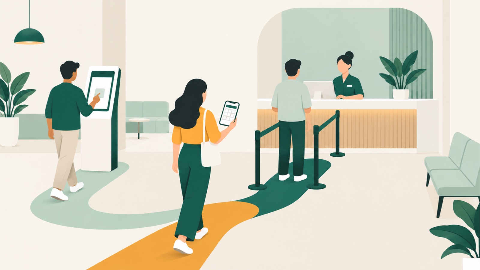 Two customers arriving by different paths and joining one orderly service queue
