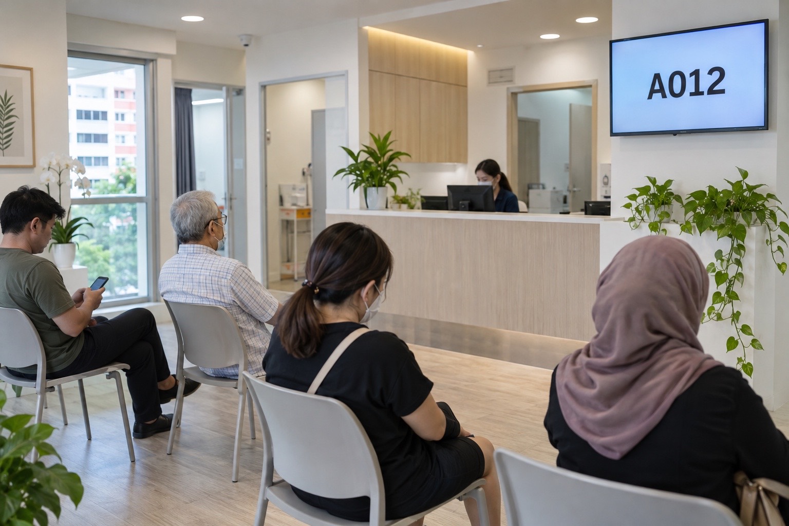 Patients waiting calmly in a neighbourhood GP clinic with a queue display on the wall