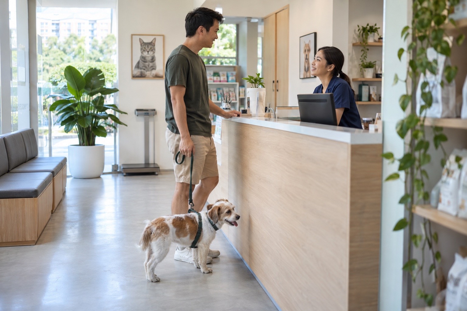 A man holding a small dog at a veterinary clinic reception