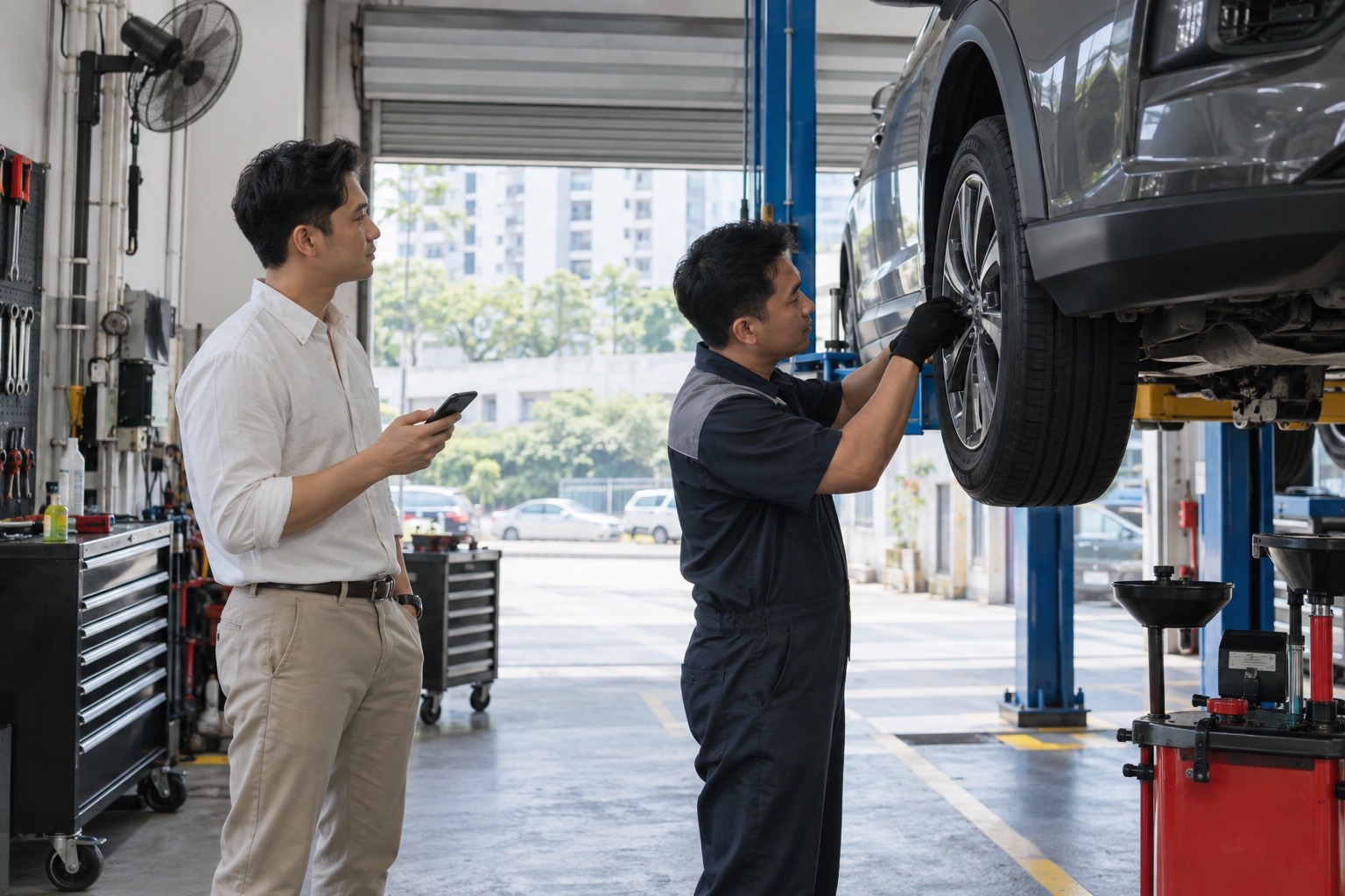 A mechanic inspecting a car wheel while the customer waits nearby